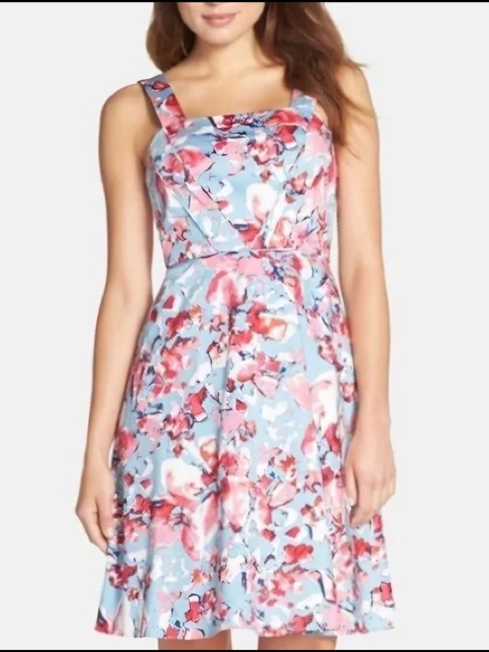 Adrianna Papell Floral Square-Neck A-Line Dress - Blue & Pink